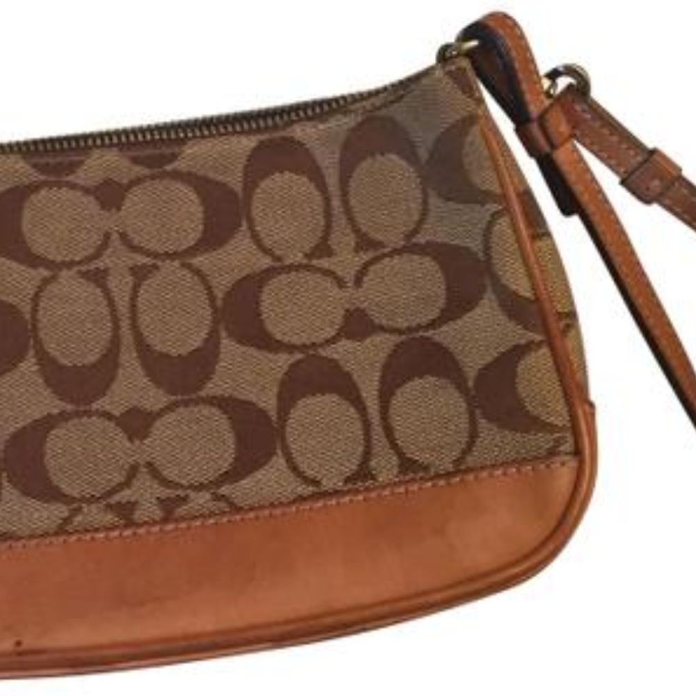 CoachBeige W/Logo Fabric Leather & Canvas Wristlet